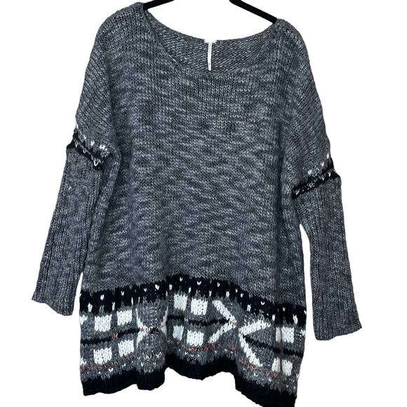 Free People Oversized Wool Blend Fair Isle Tunic Sweater Gray Black Size XS - Picture 1 of 10